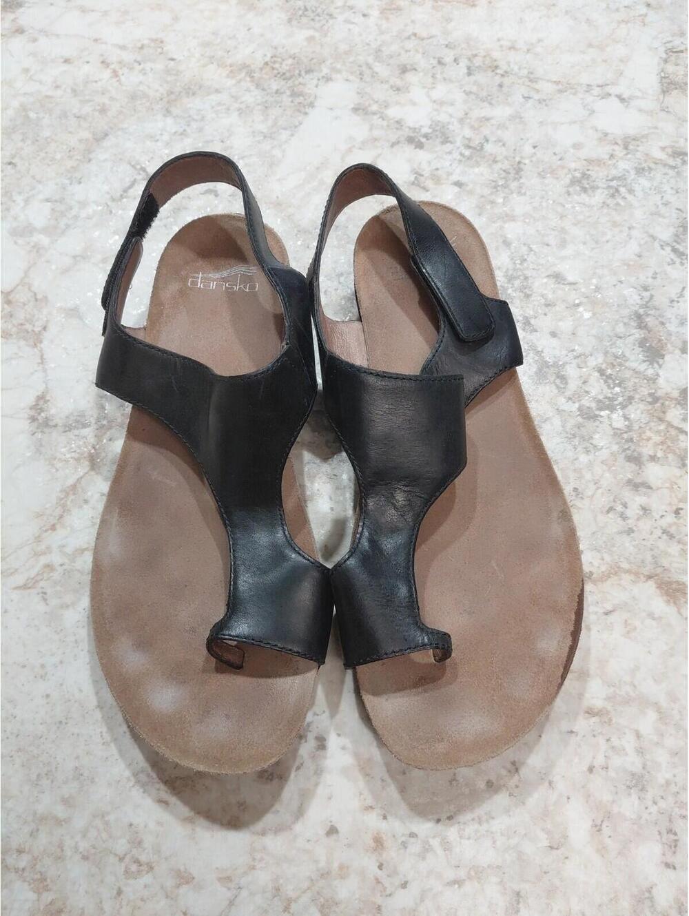 Dansko Black Leather Toe-Loop Slingback Sandals